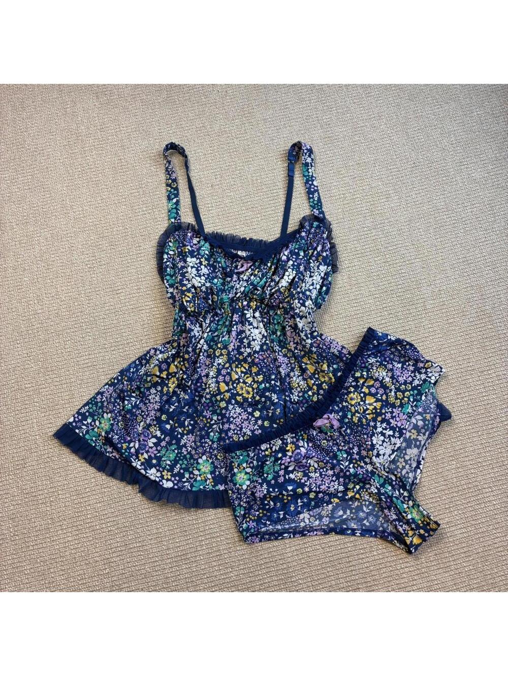 Cacique blue floral babydoll lingerie set size extra large 18/20
